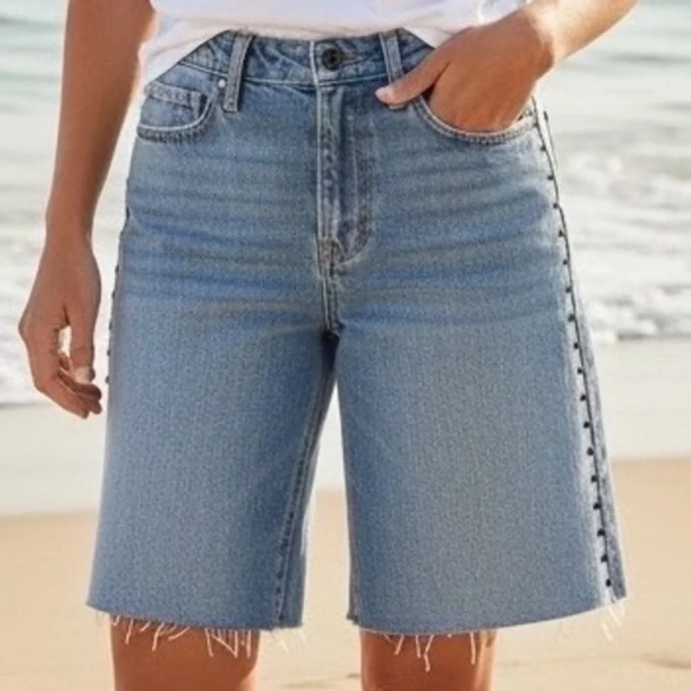 Camila Coelho High Waist Midi Studded Denim Shorts Light Wash Blue Boho Rocker